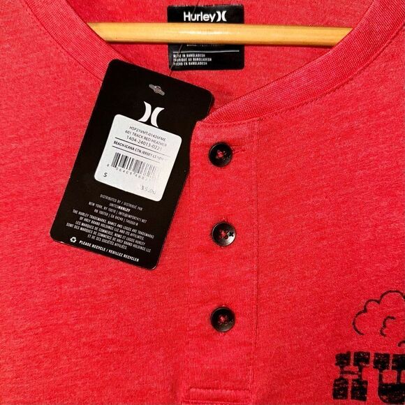 Hurley Long Sleeve Cotton Jersey Beach Icana Logo Henley T-shirt Red Men’s Small - Picture 5 of 16